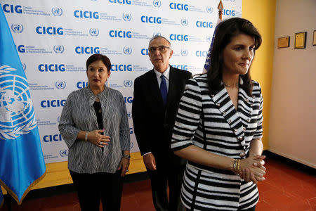 U.S. Ambassador to the United Nations Nikki Haley, Commissioner Ivan Velasquez and Attorney General Thelma Aldana look on after a photo opportunity at the offices of the International Commission Against Impunity in Guatemala (CICIG), in Guatemala City, Guatemala February 28, 2018. REUTERS/Luis Echeverria