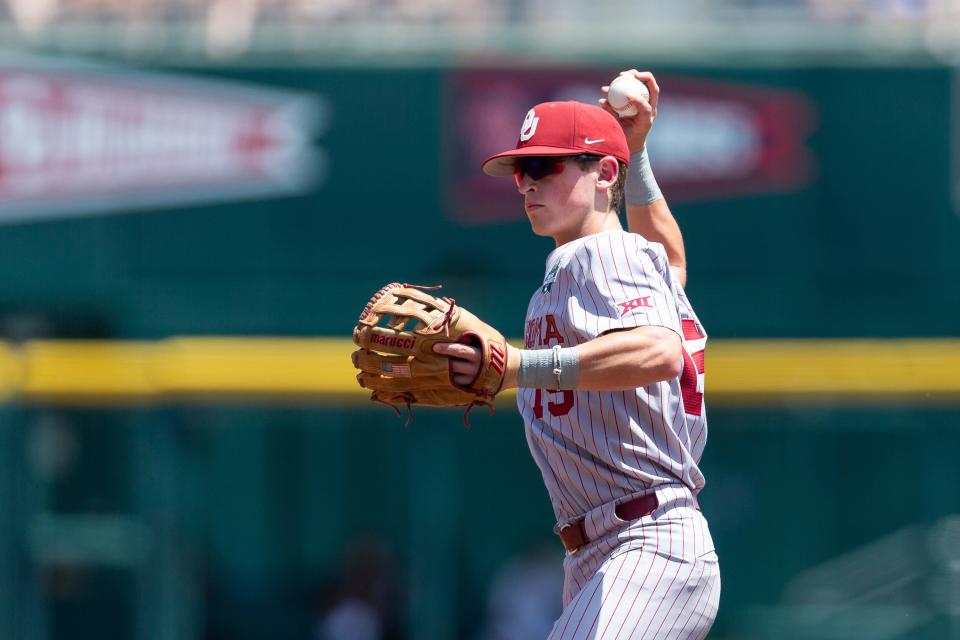 OU infielder Jackson Nicklaus throws out Texas A&M infielder Jack Moss in the first inning during an College World Series baseball game on June 17, 2022, in Omaha, Neb.