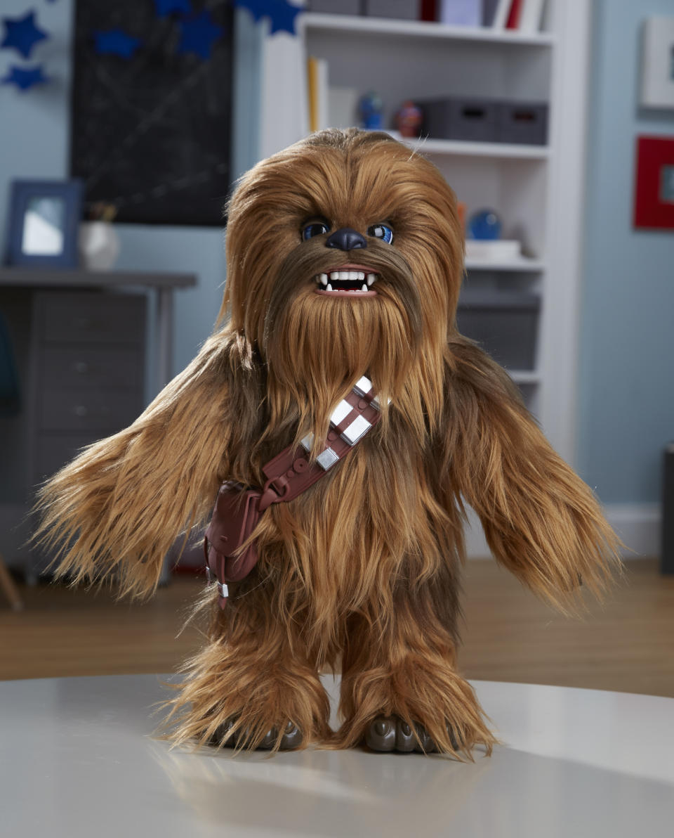 <p>It’s the <em>Star Wars </em>answer to Teddy Ruxpin: an interactive Chewbacca doll who talks, uh, <em>growls</em> on command and can also be rocked to sleep or tickled into a laughing fit. Warning: Kids might have to compete with their parents for cuddle time with this adorable Wookiee. (Photo: Hasbro) </p>