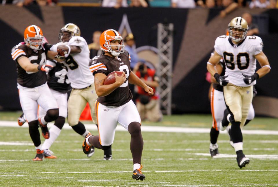Former Cleveland Browns punter Reggie Hodges (2) rushes for 68 yards on a fake punt against the New Orleans Saints on Oct. 24, 2010, in New Orleans.