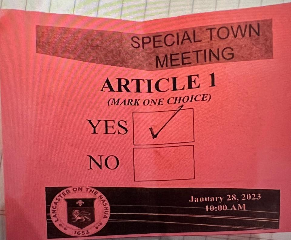 A ballot indicates a "yes' vote to rezoning a town property during a special town meeting in Lancaster.