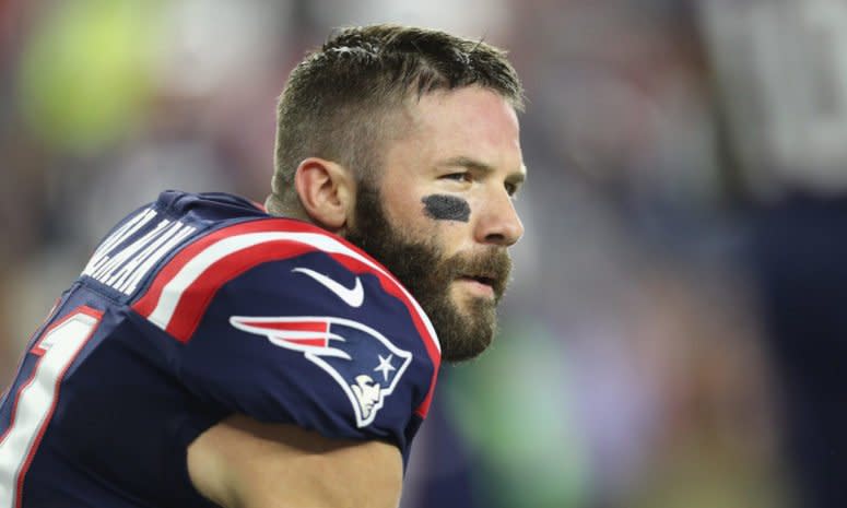 Julian Edelman of the New England Patriots looks on.