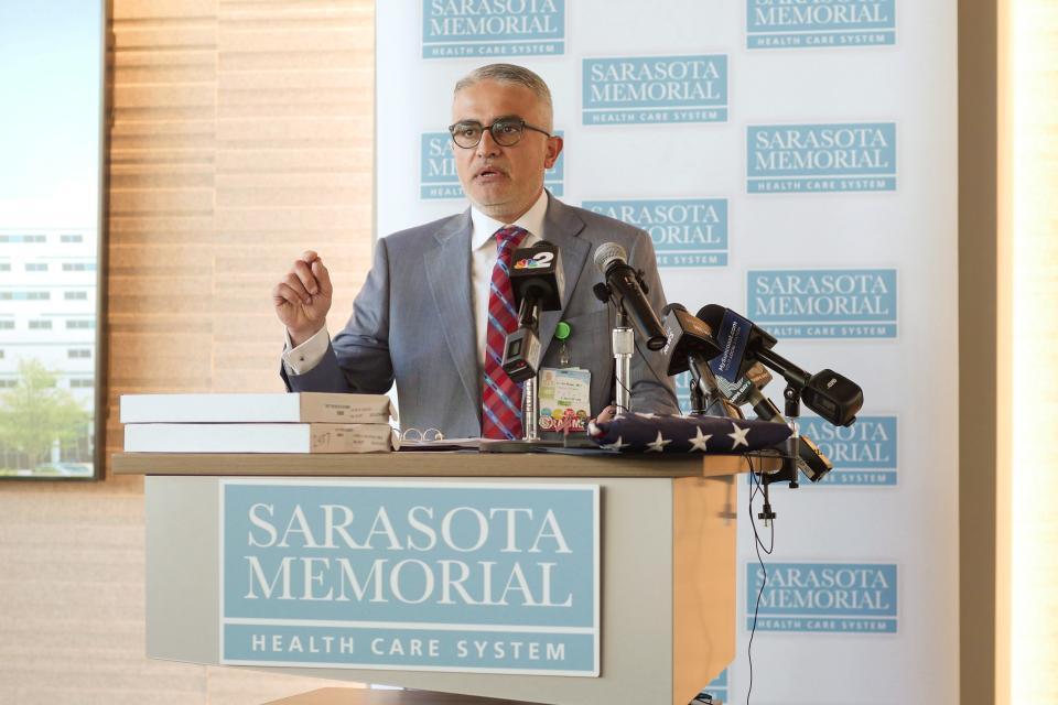 Dr. Ali Al-Rawi,  the medical director at Sarasota Memorial Hospital’s Level II Trauma Center, addressed the audience Thursday at a program hosted by U.S. Rep. Greg Steube to thank the trauma center staff for the care he received last month. The program came the day after a successful state review site visit that is required for it to maintain its current trauma center designation.