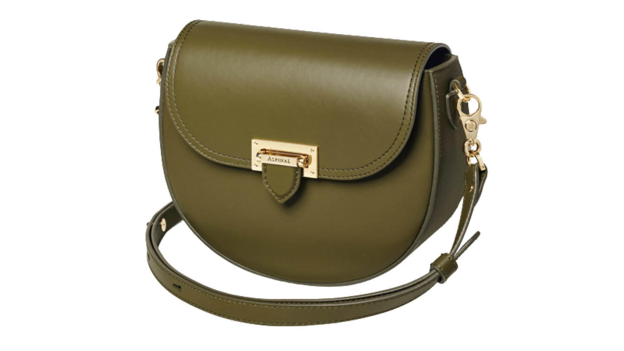 A luxury take on the classic saddle bag in smooth sage. (Aspinal of London)
