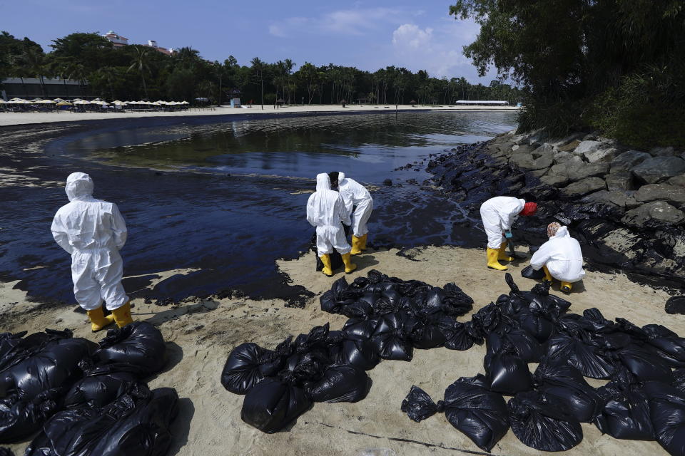 Workers clean oil spill along Sentosa's Tanjong Beach area in Singapore, Sunday, June 16, 2024. (AP Photo/Suhaimi Abdullah)
