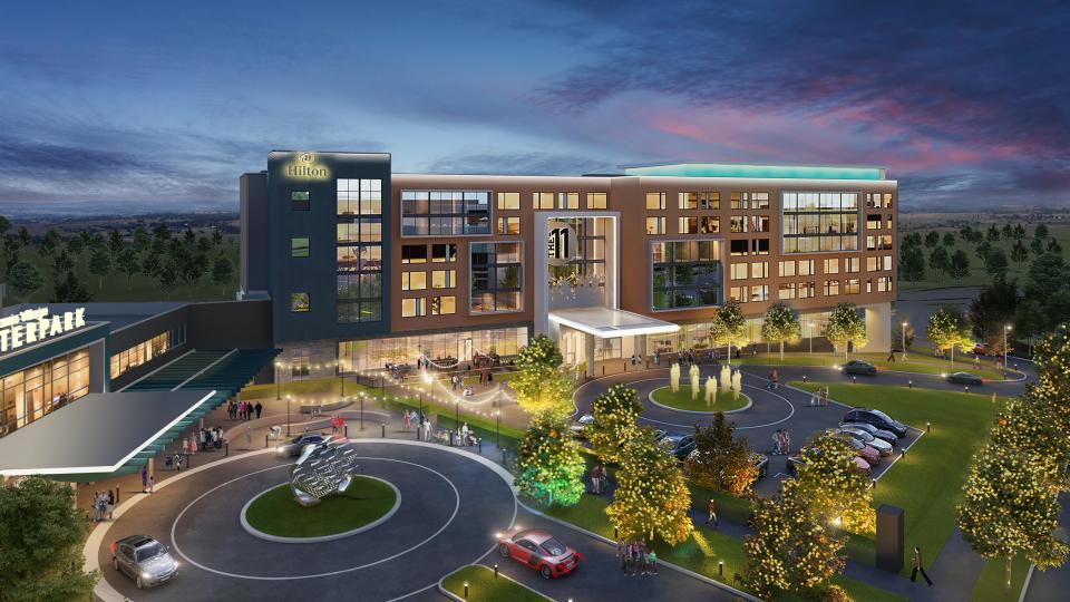 An artist's rendering of the Hall of Fame Village includes a hotel and water park.