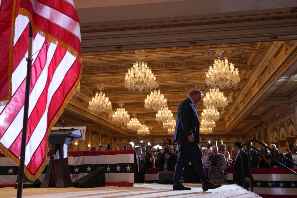 Republican presidential candidate former President Donald Trump departs after speaking at a Super Tuesday election night party Tuesday, March 5, 2024, at Mar-a-Lago in Palm Beach, Fla. (AP Photo/Evan Vucci)