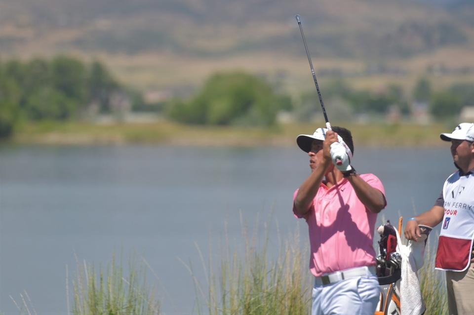 Augusto Nunez watches his tee shot on hole No. 10 during the final round of the TPC Colorado Championship at Heron Lakes in 2020.