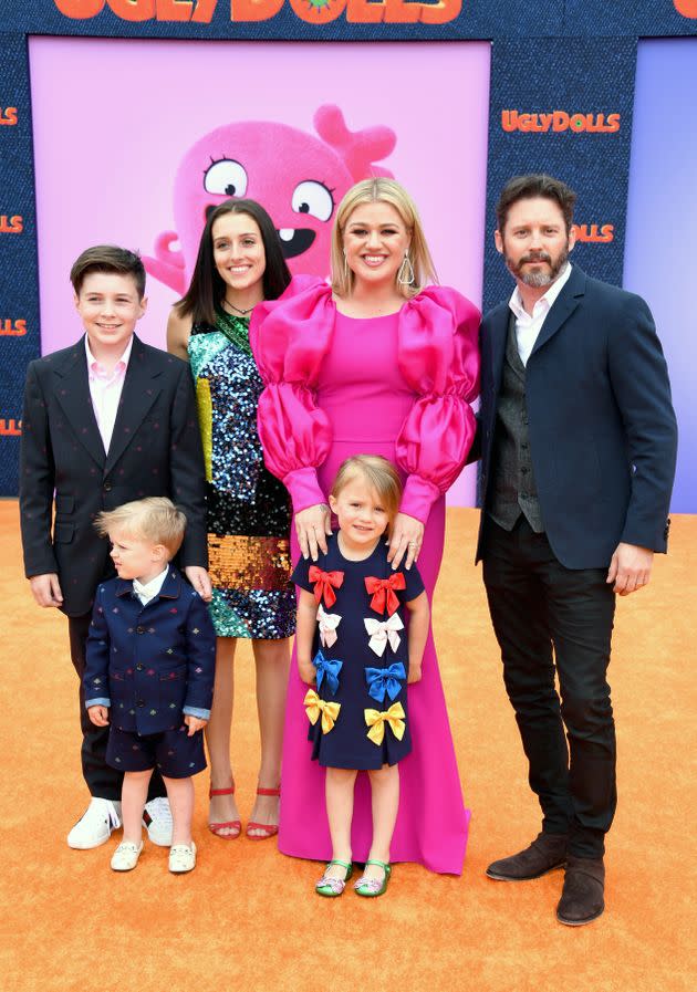 From Left: Seth Blackstock, Remington Alexander Blackstock, Savannah Blackstock, Kelly Clarkson, River Rose Blackstock, and Brandon Blackstock attend the premiere of 