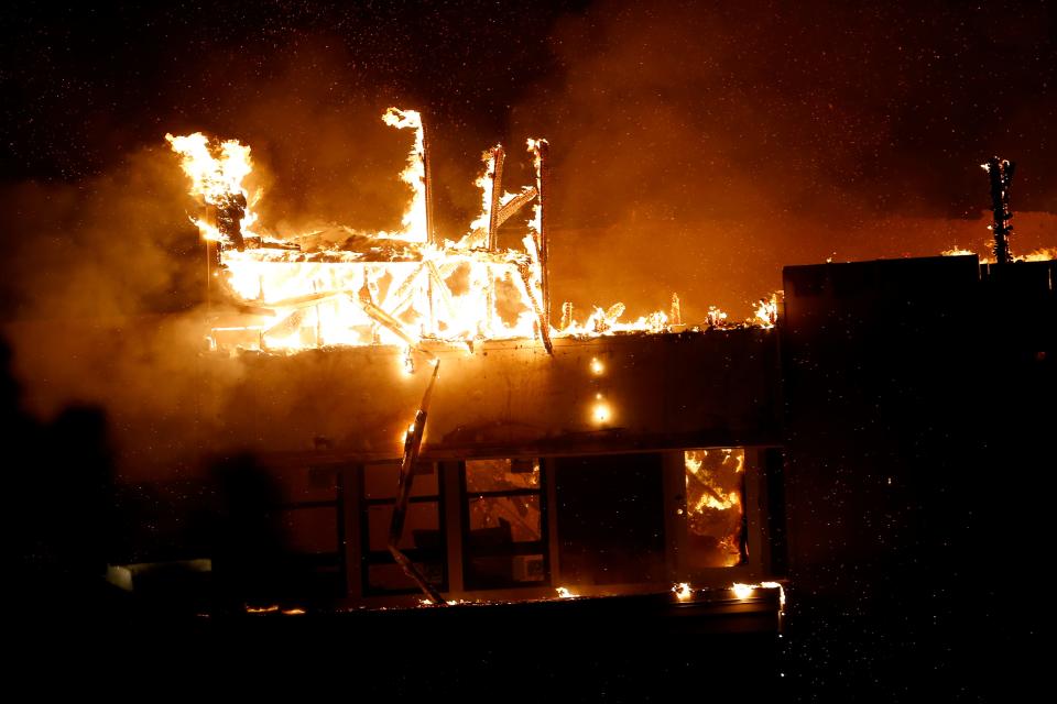 A five-alarm fire burns Feb. 8, 2022, at the Canton Apartments in Oklahoma City.