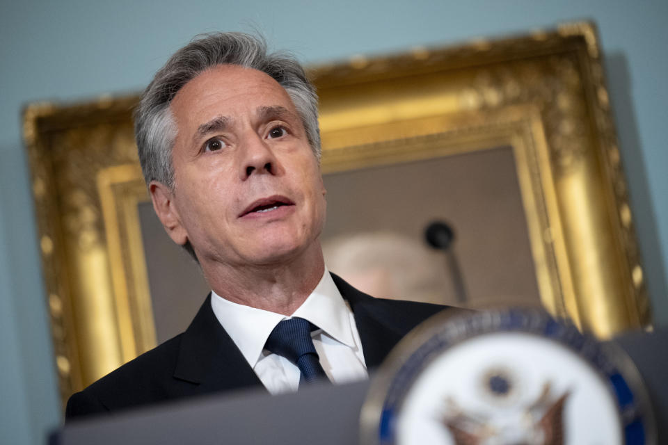 Secretary of State Antony Blinken speaks before signing a Comprehensive Security Integration and Prosperity Agreement with Bahraini Crown Prince Al Khalifa during a signing ceremony at the State Department, Wednesday, Sept. 13, 2023, in Washington. (AP Photo/Andrew Harnik)