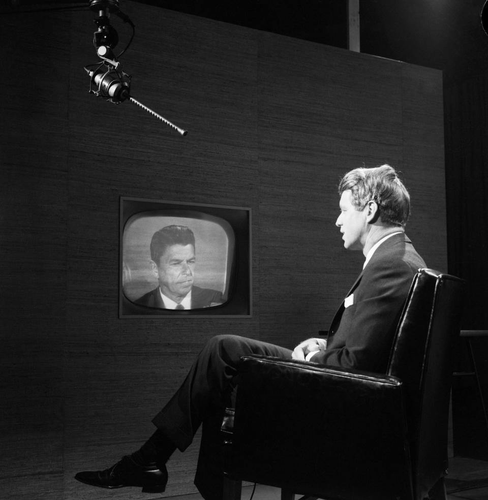 Sen. Robert F. Kennedy and California Gov. Ronald Reagan debate in 1967 (Getty Images)