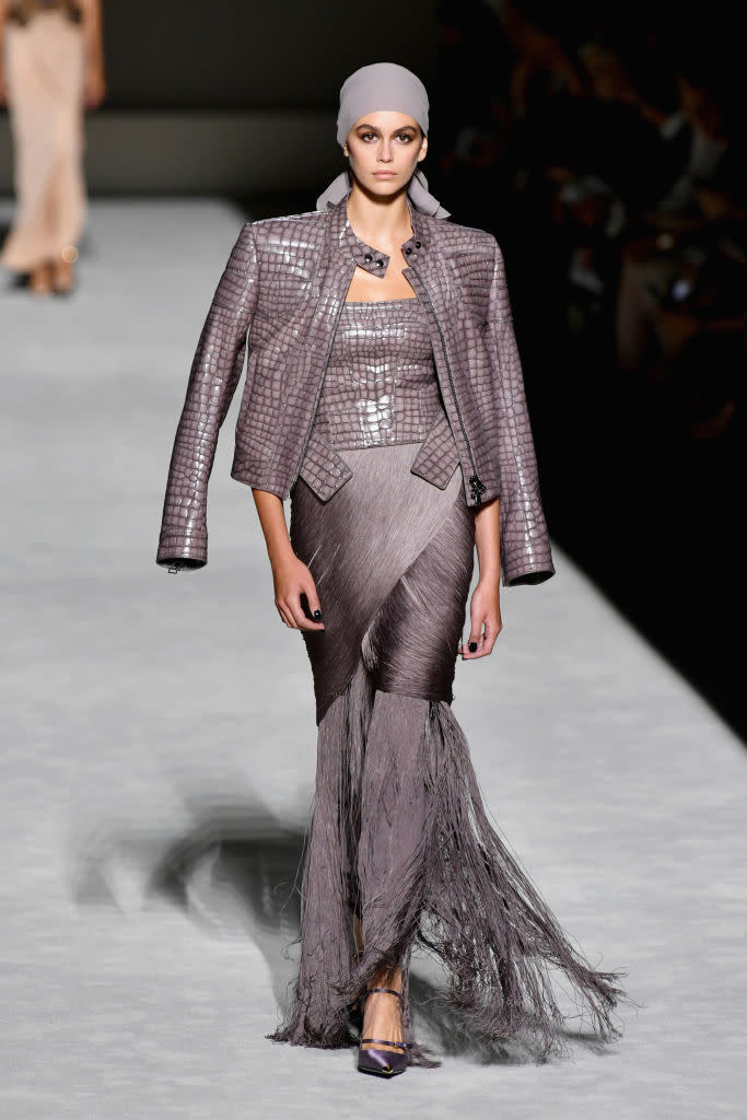 Kaia Gerber walks the runway at Tom Ford’s show during New York Fashion Week on Sept. 5. (Photo: Getty Images)