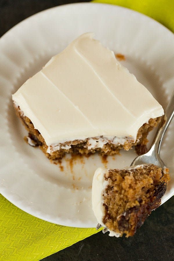 <strong>Get the <a href="https://www.browneyedbaker.com/oatmeal-raisin-snack-cake-cream-cheese-frosting/" target="_blank">Oatmeal Raisin Snack Cake</a> recipe from Brown Eyed Baker</strong>