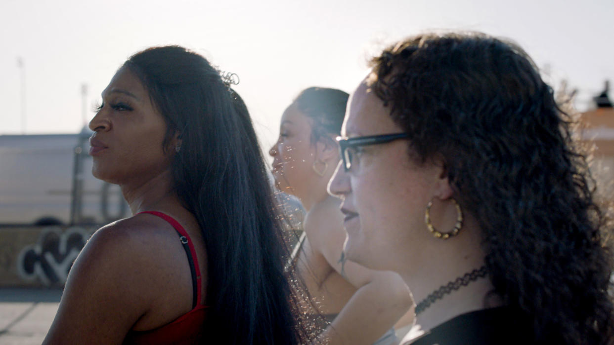 From left, Director Kristen Lovell, with film subjects Stefanie and Elizabeth. (Courtesy HBO)