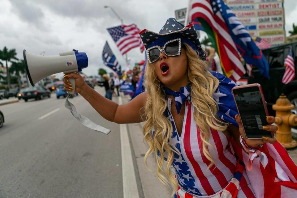 Susy ÒLa Diva De MiamiÓ Taylor attends a Donald Trump rally outside of La Carreta in MiamiÕs Olympia Heights neighborhood on Saturday, November 7, 2020. A large crowd of Trump supporters arrived to the rally after former vice-president Joe Biden won the presidential election against Trump.