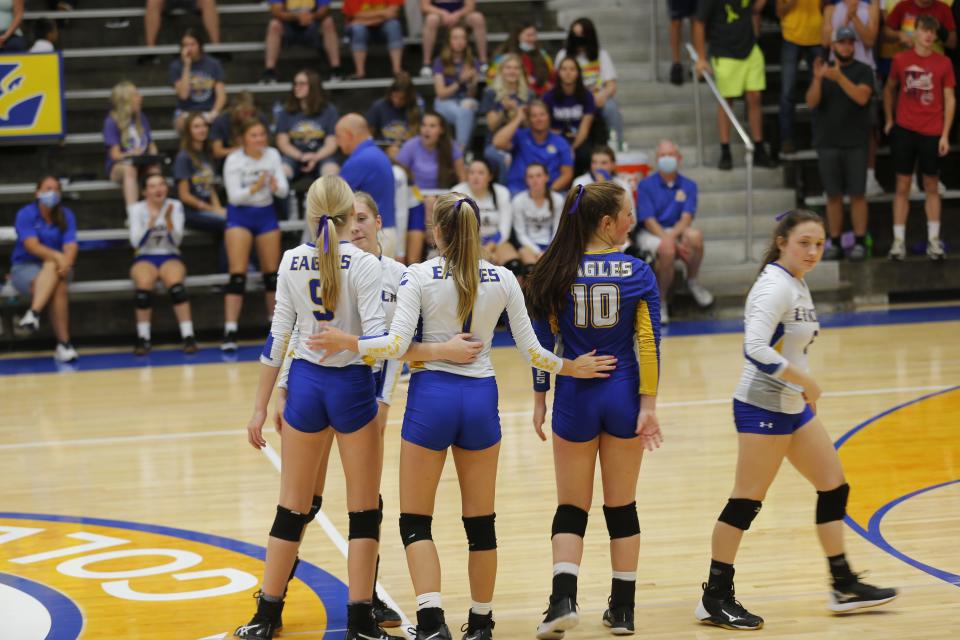Lincoln High School volleyball was the first Golden Eagles team to play on the gymnasium's new court, upsetting Blue River 3-1 on Thursday, Aug. 26, 2021.