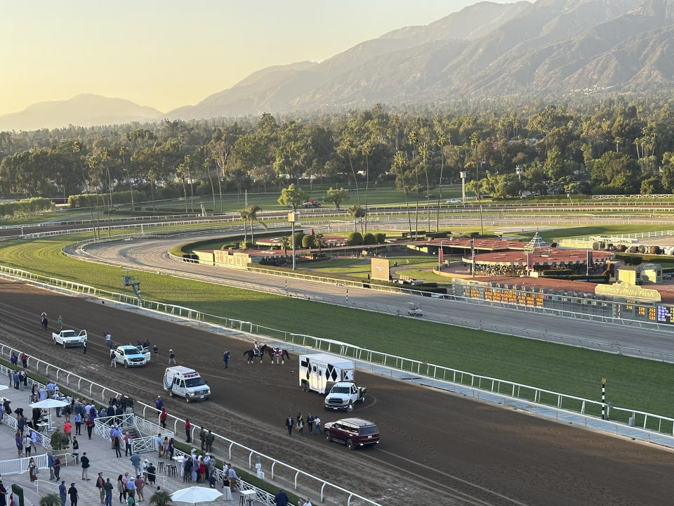 An equine ambulance sits on the track after an injury to the horse Bus Buzz in the tenth horse race on the first day of the Breeders' Cup, Friday, Nov. 3, 2023, at Santa Anita Park in Arcadia, Calif. (AP Photo/Beth Harris)