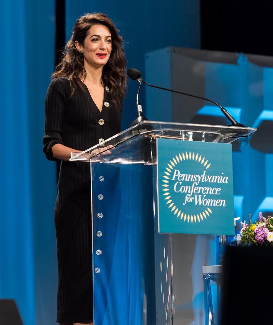 <p>Amal attended the Pennsylvania Conference for Women 2018 wearing a black sweater dress. </p>