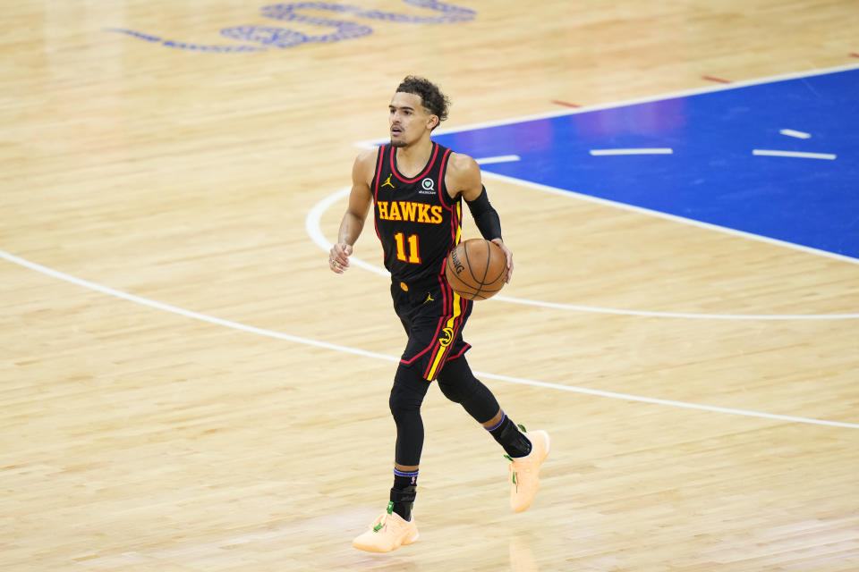 Atlanta Hawks' Trae Young plays during Game 7 in a second-round NBA basketball playoff series against the Philadelphia 76ers, Sunday, June 20, 2021, in Philadelphia. (AP Photo/Matt Slocum)