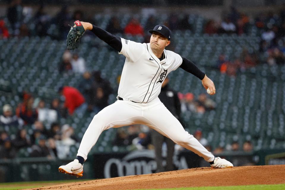 Detroit Tigers starting pitcher Tarik Skubal pitches in the first inning against the Minnesota Twins at Comerica Park, April 12, 2024.