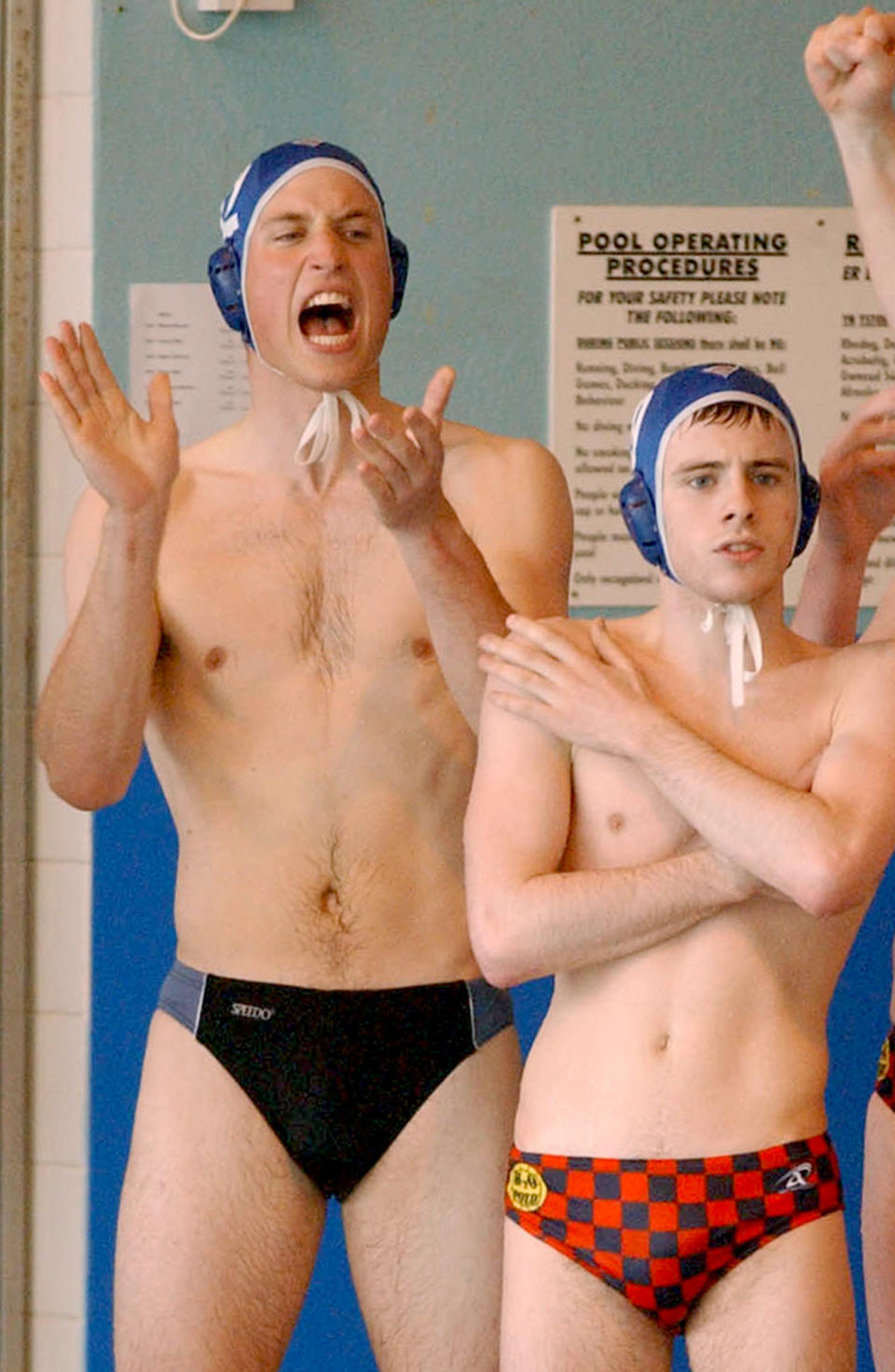 Prince William watches with teammates while making his water polo debut for the Scottish national universities' squad in the annual Celtic Nations tournament against Wales and Ireland in Cardiff in 2004.