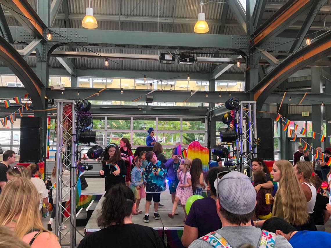 Kids dance on the Depot Market Square stage at the Bellingham Pride Festival on Sunday, July 17.