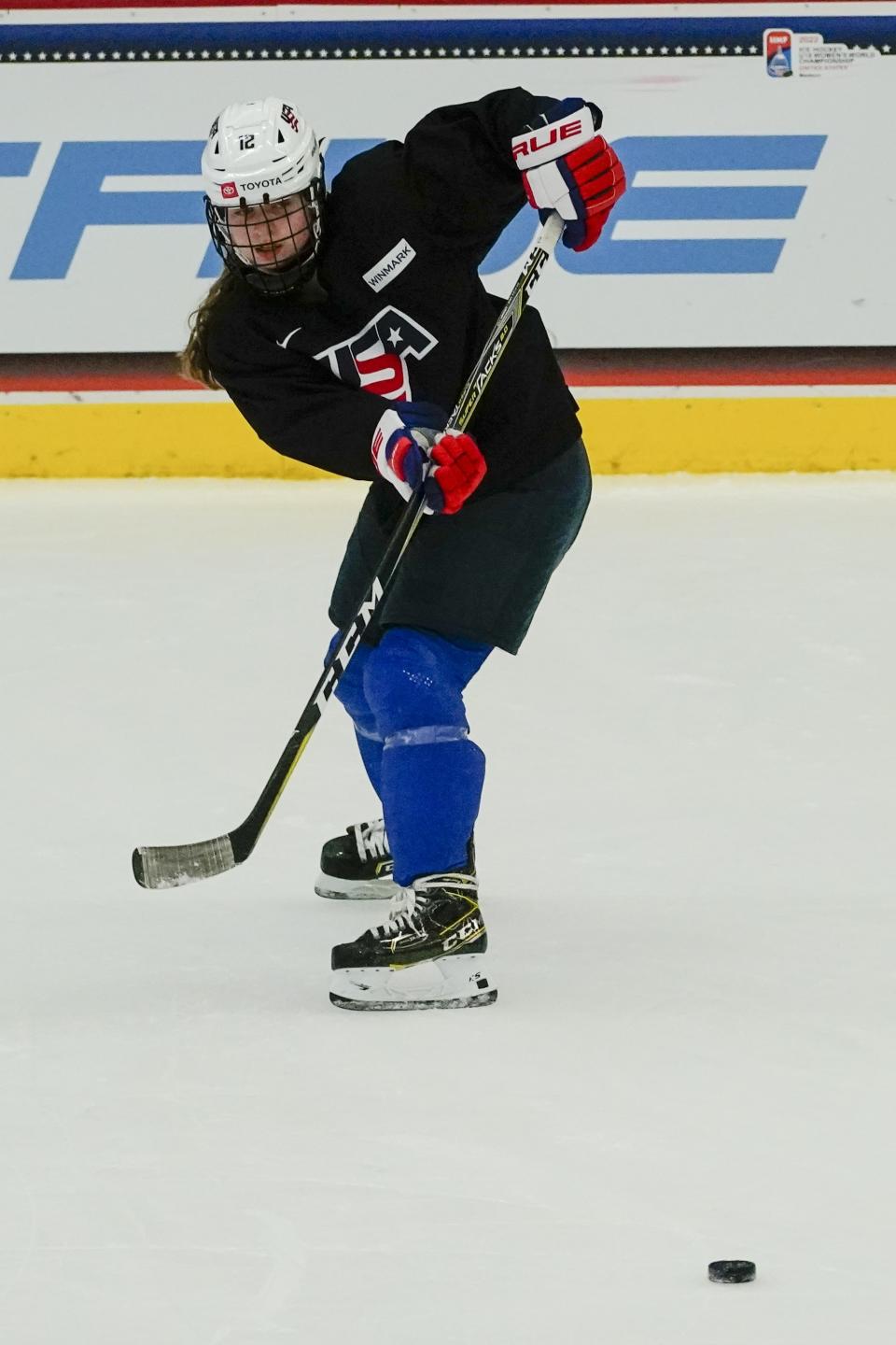 Sydney Morrow practices for the 2022 U.S. U18 Women's World Hockey Championships Saturday, June 11, 2022, in Madison, Wis. Nearly one-third of the players on the U.S. women's hockey team competing in this week’s under-18 World Championships are training at programs outside their home states. (AP Photo/Morry Gash)