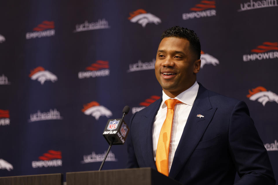 ENGLEWOOD, CO - MARCH 16:  Quarterback Russell Wilson #3 of the Denver Broncos addresses the media at UCHealth Training Center on March 16, 2022 in Englewood, Colorado. (Photo by Justin Edmonds/Getty Images)