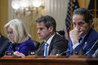 Rep. Liz Cheney, R-Wyo.,, Rep. Adam Kinzinger, R-Ill., and Rep., Jamie Raskin, D-Md., listen as the House select committee tasked with investigating the Jan. 6 attack on the U.S. Capitol meets to hold Steve Bannon, one of former President Donald Trump's allies in contempt, on Capitol Hill in Washington, Tuesday, Oct. 19, 2021. (AP Photo/J. Scott Applewhite)