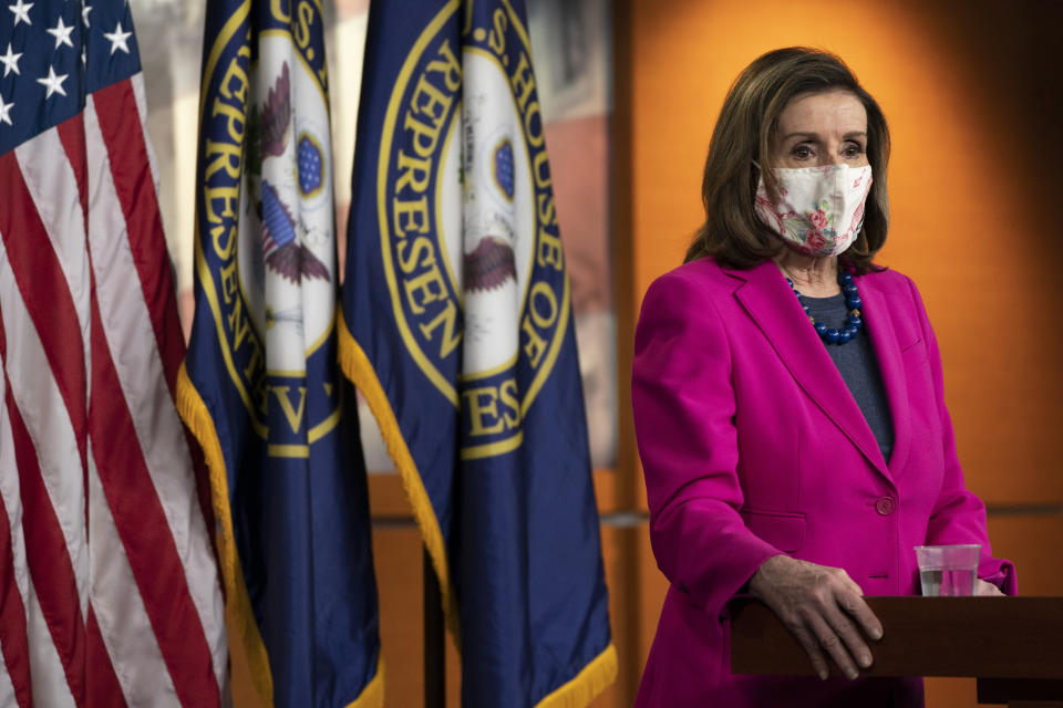 House Speaker Nancy Pelosi of Calif. speaks during her weekly briefing, Thursday, Feb. 25, 2021, on Capitol Hill in Washington. (AP Photo/Jacquelyn Martin)