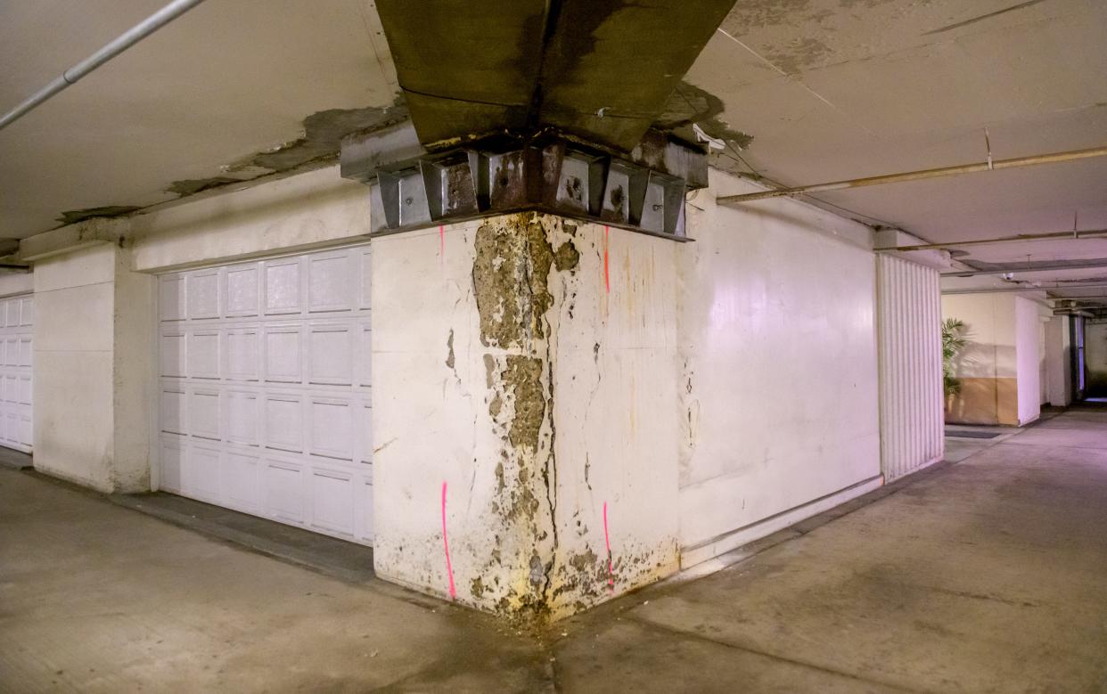 Areas of the Twin Towers parking garage in downtown Peoria are afflicted with crumbling concrete and leaky ceilings.
