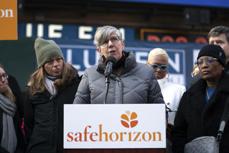 Liz Roberts, CEO of Safe Horizon, speaks at a press conference on the Adult Survivors Act, Friday, Nov. 18, 2022, in New York. Sexual assault victims in New York will get a one-time opportunity to sue their abusers starting Thursday under a new law expected to bring a wave of litigation against prison guards, middle managers, doctors and a few prominent figures including former President Donald Trump. (AP Photo/Julia Nikhinson)