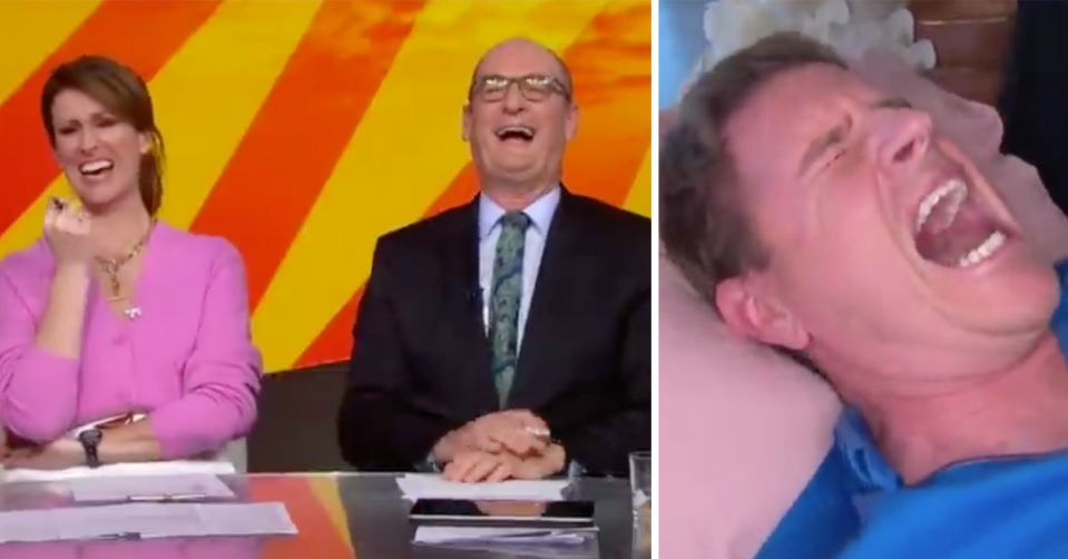 Sunrise hosts Nat Barr and David Koch laugh at Sam Mac.