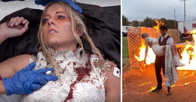 L: Jacqui Purvis lies in a stretcher as Felicity Newman on Home and Away. R: Tane carries Felicity from a burning vehicle