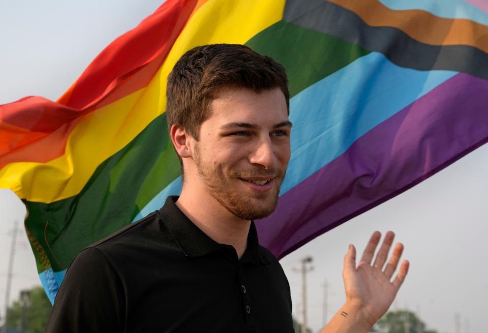 Celina's Small Town Pride is spearheaded by President Kyle Bruce, pictured at Mercelina Park where the event takes place. After starting in a small gazebo just a few years ago, Small Town Pride now fills a large city park. Organizers of the event are being pressured to not include drag performances this year.