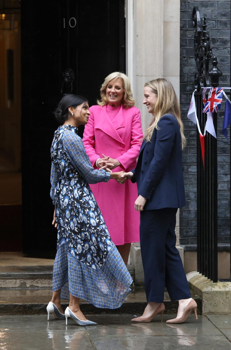 First Lady Jill Biden of the United States and and her Granddaughter Finnegan Biden meet Akshata Murty, wife of British Prime Minister Rishi Sunak at number 10 Downing Street on May 5, 2023 (Getty Images)