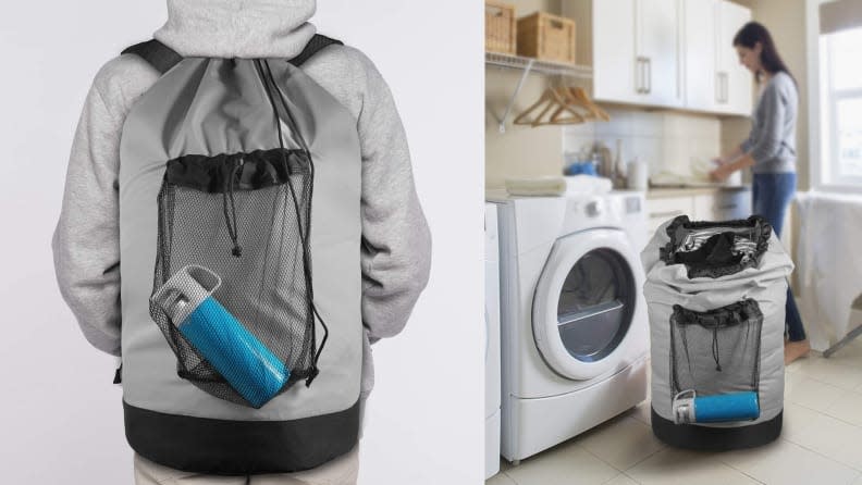 When laundry day rolls around, you can easily close the drawstring top of this bag and carry it to the laundry room on your back.