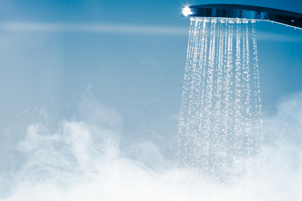 shower with flowing water and steam, ready for shower steamers