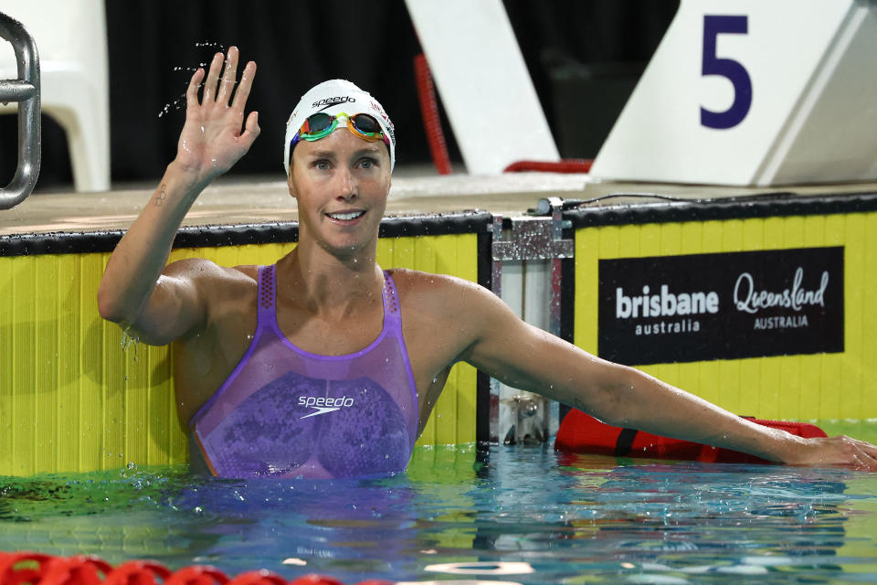 Australia's Emma McKeon celebrates after winning the Women's 100m Butterfly Final during the Australian Swimming Trials at the Brisbane Aquatic Centre on June 10, 2024. (Photo by David GRAY / AFP) / -- IMAGE RESTRICTED TO EDITORIAL USE - STRICTLY NO COMMERCIAL USE -- (Photo by DAVID GRAY/AFP via Getty Images)