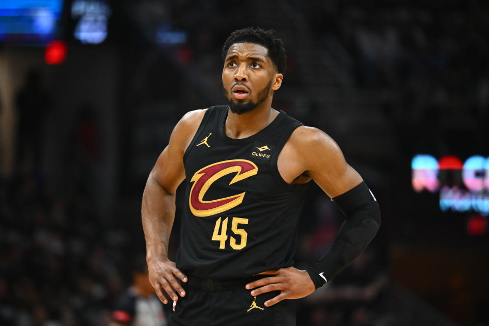 CLEVELAND, OHIO - MAY 05: Donovan Mitchell #45 of the Cleveland Cavaliers assists in the second quarter against the Orlando Magic during the second quarter in game seven of the Eastern Conference first round playoffs at Rocket Mortgage Fieldhouse on May 05, 2024 in Cleveland , Ohio.  NOTE TO USER: User expressly acknowledges and agrees that by downloading and/or using this photograph, user agrees to the terms and conditions of the Getty Images License Agreement.  (Photo by Jason Miller/Getty Images)