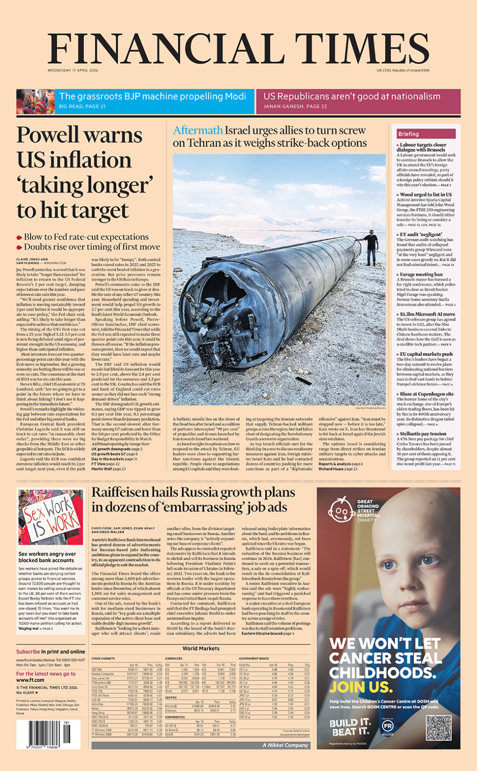 The headline in the Financial Times reads: "Powell warns US inflation 'taking longer' to hit target".