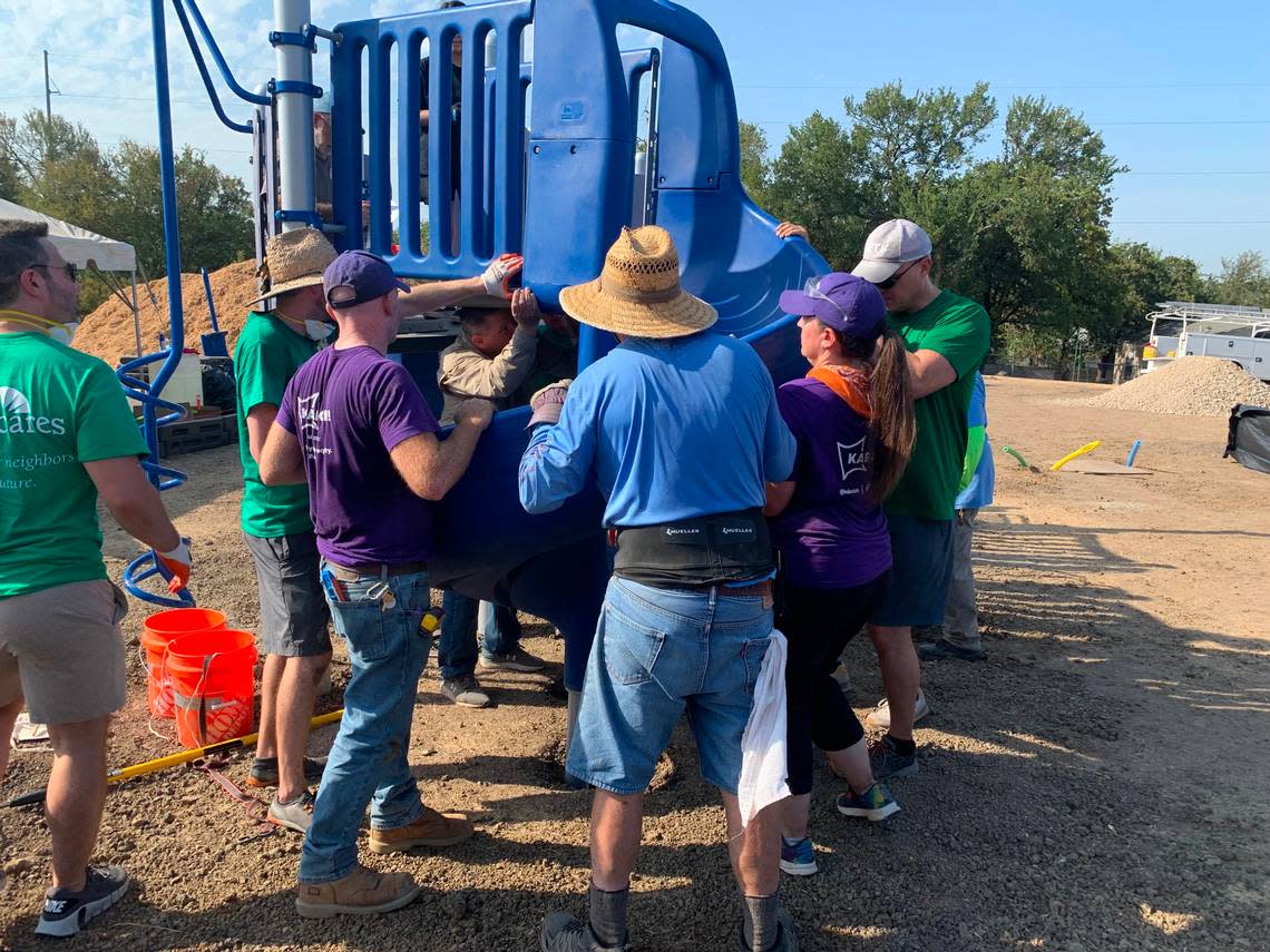 Volunteers helped to construct a new playground at Dillow Elementary school designed by students with parent and community input. The national nonprofit Kaboom helped facilitate the project.