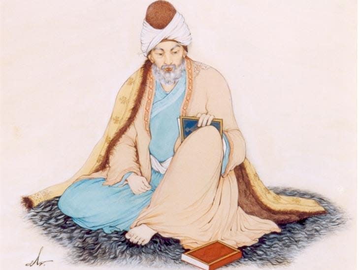 A painting of thirteenth-century Persian poet Jalaluddin Rumi by Hossein Behzad, titled "مولانا اثر حسین بهزاد "