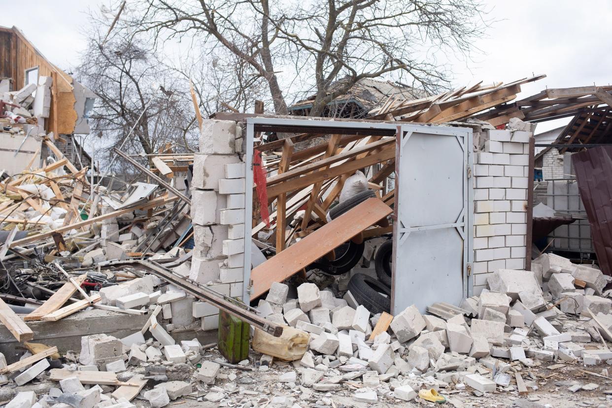 A view of the residential houses which were destroyed by shelling on March 5, 2022, in Markhalivka, Ukraine.