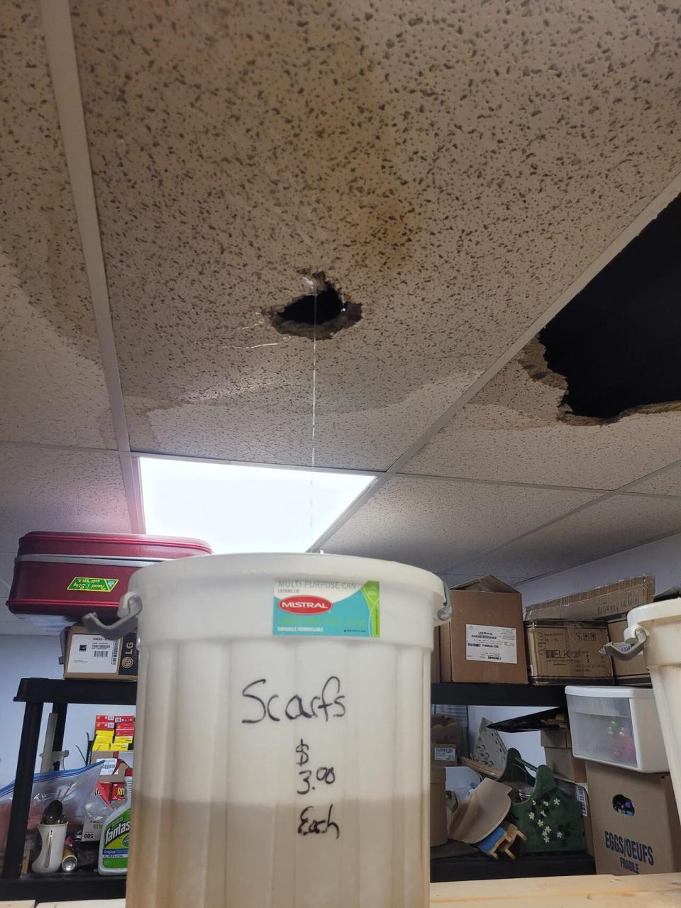 Heavy rain and a leaky roof combined Monday night to cause flooding at the Animal Auxillary Thrift Store in Vernon, B.C.