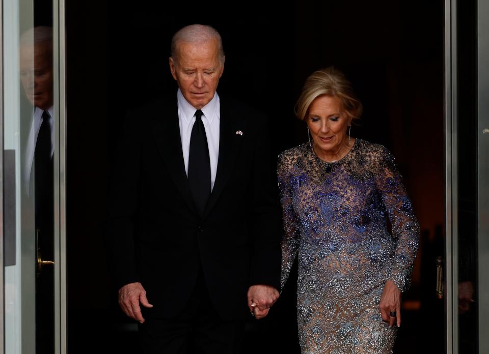  President Joe Biden and first lady Jill Biden welcome Japanese Prime Minister Fumio Kishida and his wife Yuko Kishida to the White House for a state dinner on April 10, 2024 in Washington, DC. 