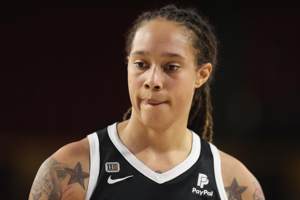 TEMPE, ARIZONA - OCTOBER 03: Brittney Griner #42 of the Phoenix Mercury during Game Three of the 2021 WNBA semifinals at Desert Financial Arena on October 03, 2021 in Tempe, Arizona. The Mercury defeated the Aces 87-60. (Photo by Christian Petersen/Getty Images)