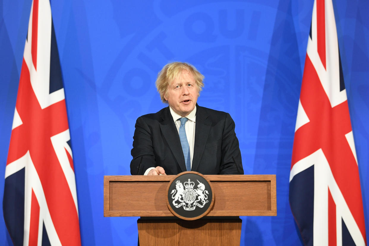 Prime Minister Boris Johnson, during a media briefing in Downing Street, London, on coronavirus (Covid-19). Picture date: Monday April 5, 2021.