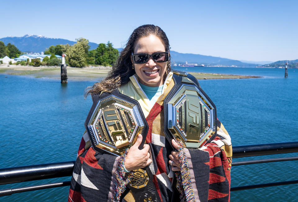 VANCOUVER, BRITISH COLUMBIA - JUNE 06:  Amanda Nunes of Brazil poses during a First Nations Welcoming Ceremony at Musqueam Community on June 06, 2023 in Vancouver, British Columbia. (Photo by Zuffa LLC/Zuffa LLC)